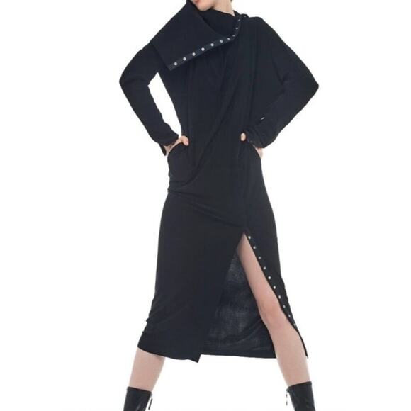 Norma Kamali Bonded Oversized Side Snap Midcalf Black Jacket Sz M - Picture 1 of 9